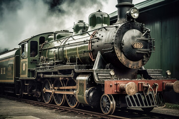 Vintage steam locomotive on the railroad tracks. Retro style. Generative AI