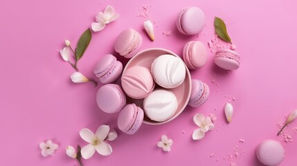 Obraz na płótnie Canvas Top view of gourmet pink macaroons, assorted meringues and soft zephyr on pink background Generative AI
