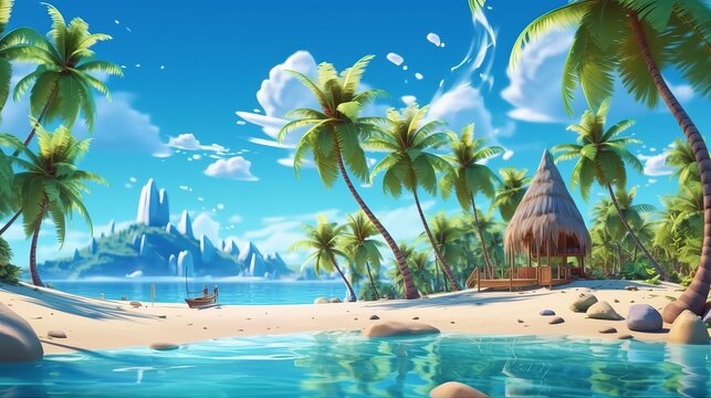 Summer vacation on a tropical island with beautiful beach and palm trees Generative AI