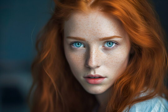 Close-up portrait of a beautiful red-haired girl with freckles. Generative AI