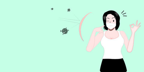 A cheerful girl wears a sterile face mask. Female wearing protective medical masks to antivirus. protect themselves from pollution Coronavirus flu virus. anti covid.