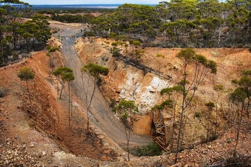 The steep Bullen Decline leading to the entrance of the Central Norseman Gold Mine in Norseman, Dundas Shire, in the outback of Western Australia
