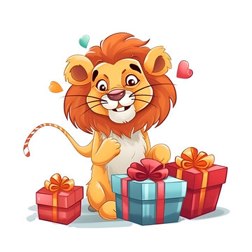 Cute lion with gift boxes isolated on white background. Vector illustration.