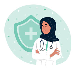 Muslim female doctor. Medical consultation online .Shield, health care concept. Health insurance concept. Immune system shield.