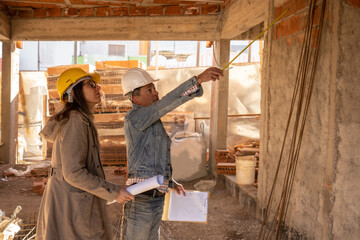 Portrait of engineer and architect working together on construction site, both wearing safety helmets.