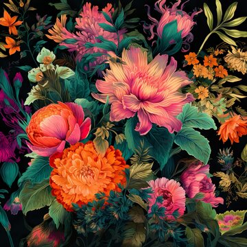 Bonito estampado floral vintage con colores fl&uacute;or. Reproducible como motivo para impresi&oacute;n. Generado por IA.	