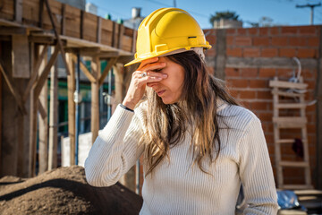 Portrait of worried or tired woman architect at a construction site.