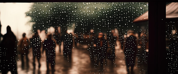 Rain drop on window glass of coffee shop and blurry city life background. Rainy season and blurry people city day life or bokeh night lights outside window. Coffee shop window covered with rain water - obrazy, fototapety, plakaty