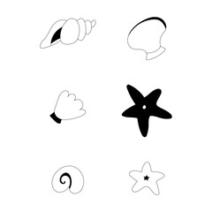 Shells, mollusks, starfish, seafood. Doodle style marine inhabitants isolated on a white background.