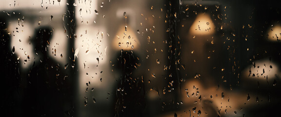 Rain drop on window glass of coffee shop and blurry city life background. Rainy season and blurry people city day life or bokeh night lights outside window. Coffee shop window covered with rain water - Powered by Adobe