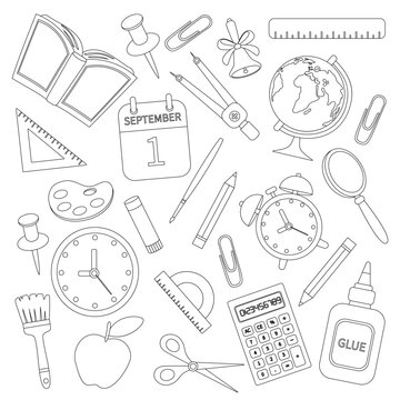 School supplies for the first of September in the style of doodle, isolated on a white background. Collection of doodles of black and white school items, office stationery.