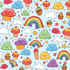 repeating pattern, cute doodle, cute rainbow themed, generative ai