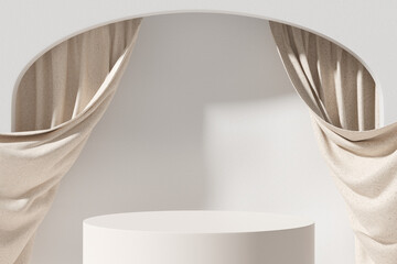 Product display podium with wall plaster and fabric. Arch with curtain. on beige background. 3D rendering