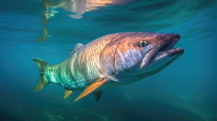 Fototapeta premium Tarpon Fish Swimming Just Below the Surface of the Aqua-Colored Water