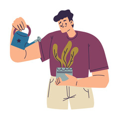 Happy Man Character Watering Houseplant in Pot Enjoying His Hobby Vector Illustration