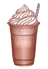 Coffee cup with whipped cream and straw watercolor illustration isolated on transparent background