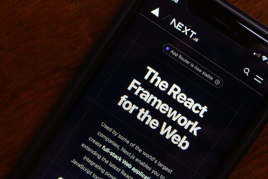 Vancouver, CANADA - Jun 19 2023 : A website of Next.js seen in an iPhone. Next.js is an open-source React framework created by Vercel