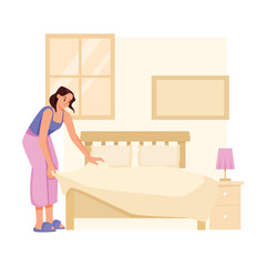 House Cleaning with Young Woman Covering Bedsheet Vector Illustration