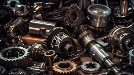 Fototapeta na wymiar Close up of tetallic gears and auto parts