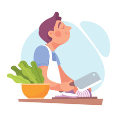 Man Character Doing Housework Cooking Salad Cut Onion with Knife Vector Illustration