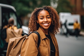  Young pretty female college student moving into college campus to start new academic course