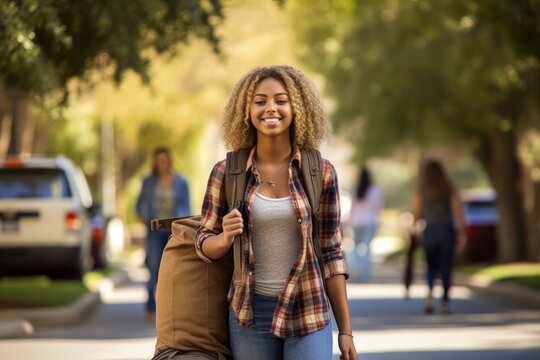  Young pretty female college student moving into college campus to start new academic course