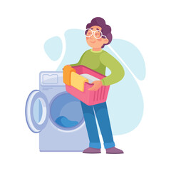 Man Character Doing Laundry as Housework Vector Illustration