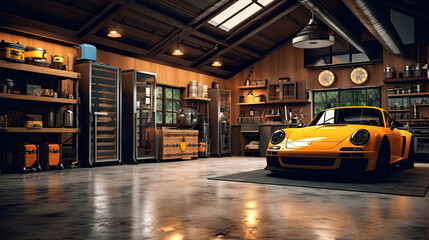 Interior garage with mechanic tools - obrazy, fototapety, plakaty