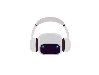 Miniature robot head in big headphones. Vector illustration