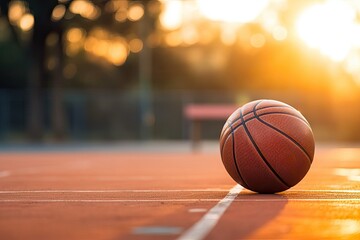A close up on a basketball on a outdoor court. Generative AI.