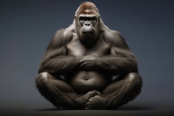 A gorilla in a funny yoga pose. Generative AI. - obrazy, fototapety, plakaty