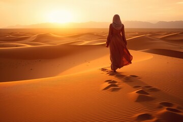 Arabian woman walk in the desert sand and dunes at sunset. Generative AI.