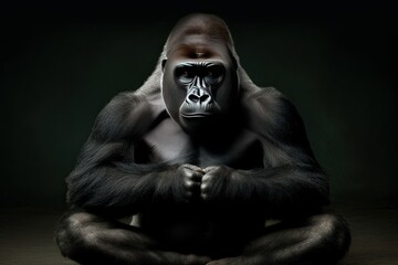 A gorilla in a funny yoga pose. Generative AI.