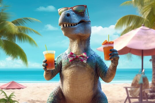 A dinosaur t-rex on the beach with sunglasses and summer drink. Generative AI.