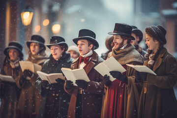 group of people dressed in 19th-century clothing sing Christmas carols in the street, England