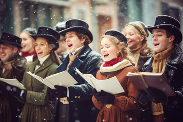 group of people dressed in 19th-century clothing sing Christmas carols in the street, England - obrazy, fototapety, plakaty