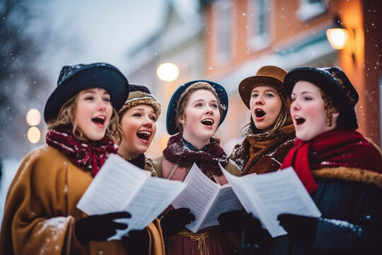 group of people dressed in 19th-century clothing sing Christmas carols in the street, England