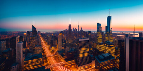 Evening panorama of a big city with skyscrapers from the height of a helicopter or drone with blurred car headlights on a long exposure. Copy space for advertising text. Generative AI.