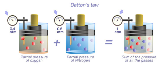 Dalton's law of partial pressures vector illustration. Mixture of non-reacting gases, the total pressure exerted is equal to the sum of the partial pressures of the individual gases. Study material