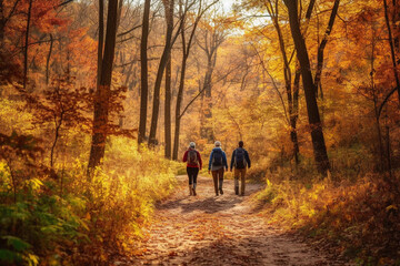 Fototapeta premium Couple with backpacks walking on path in autumn season forest