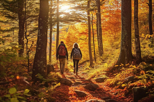 Couple with backpacks walking on path in autumn season forest