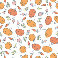 Seamless pattern of pumpkin and other vegetables. Pumpkin, carrot, radish, beet. Vegetable print. A pattern of simple elements. Vector illustration.