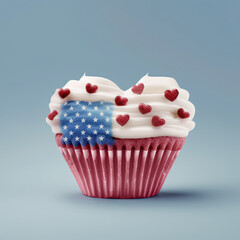 a cupcake with red, white and blue frosting in the shape of an american flag heart on top