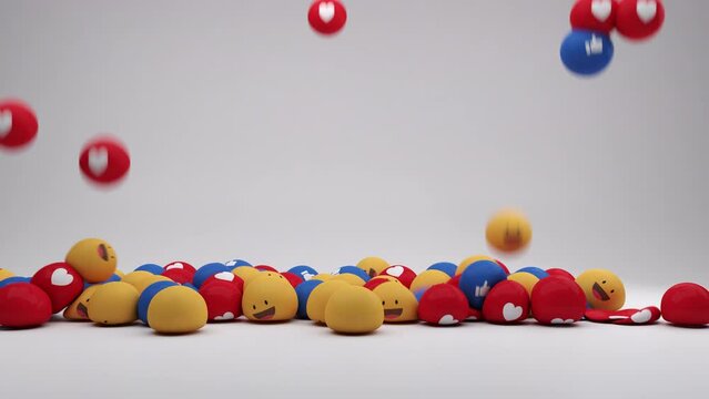 Bouncy emoji reactions slow falling. Soft body physics 3d render. Cheerful animation of elastic shapes bounce.

