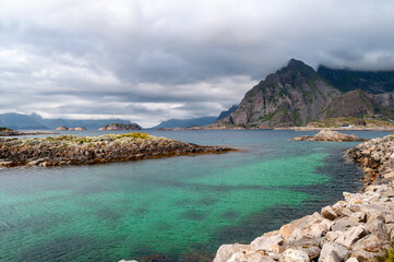 Fototapeta premium Rocky and rocky coast with sandy beaches - Lofoten, Norway