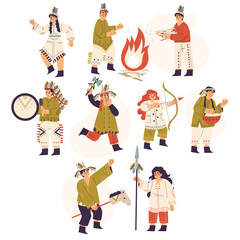 Funny Children Playing Indians Dressed in Costume Vector Set