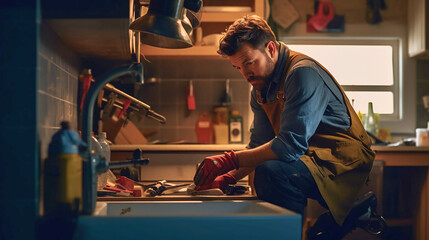 A Plumber working on a renovation project in a kitchen, the image highlights the plumber's job and tools. 