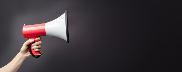 Hand holding megaphone loudspeaker - advertisement or announcement concept . Wide banner space for text right side. Generative AI