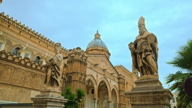 View of Palermo Cathedral with 4 bell tower top, architecturally diverse church, and housing royal tombs. Impressive cathedral church of the Roman Catholic Archdiocese of Palermo in Sicily, Italy.