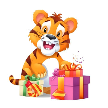 Cartoon tiger with gift boxes on white background - illustration for children